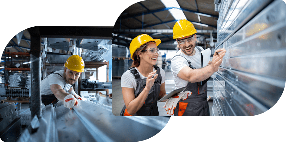 Funcionarios mostrando estruturas metálicas